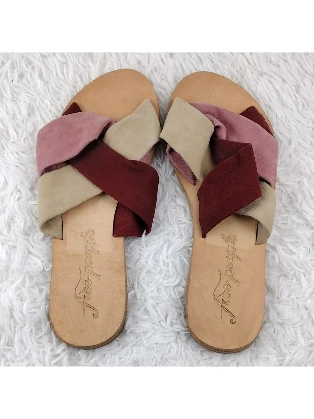 Free People Tan Pink Two Tone Leather Crisscross Round Toe Slide Flat Sandal